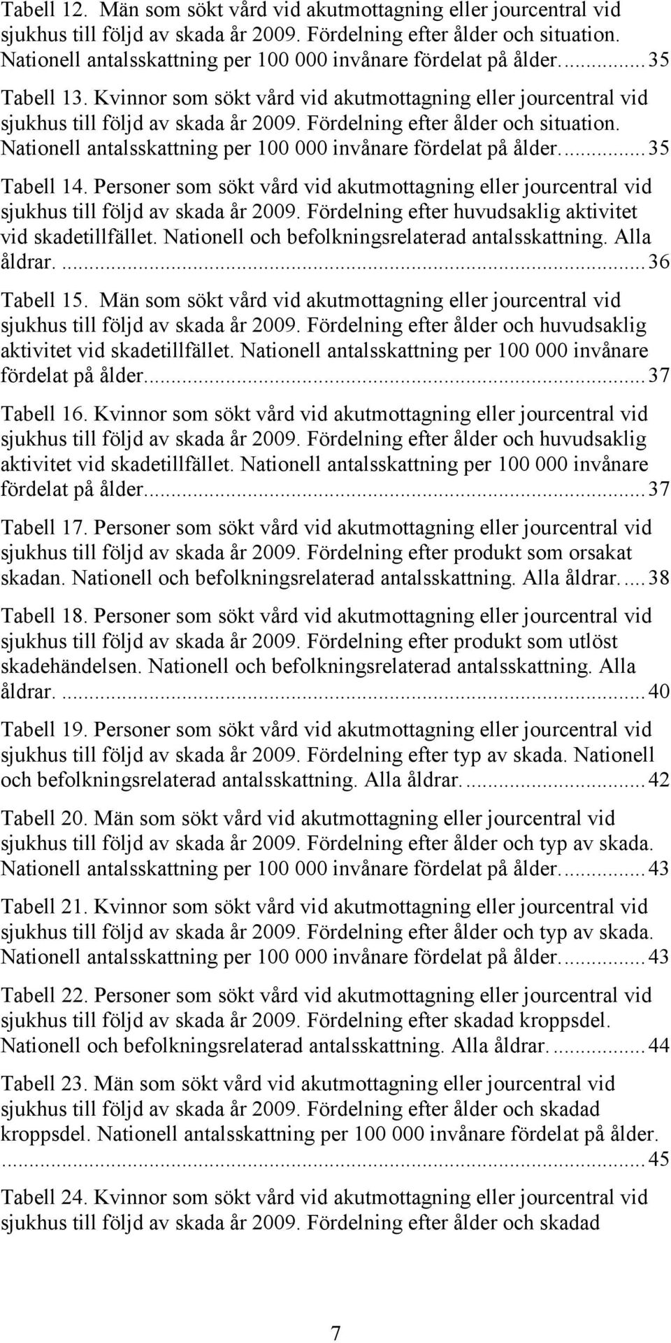 Fördelning efter ålder och situation. Nationell antalsskattning per 100 000 invånare fördelat på ålder.... 35 Tabell 14.
