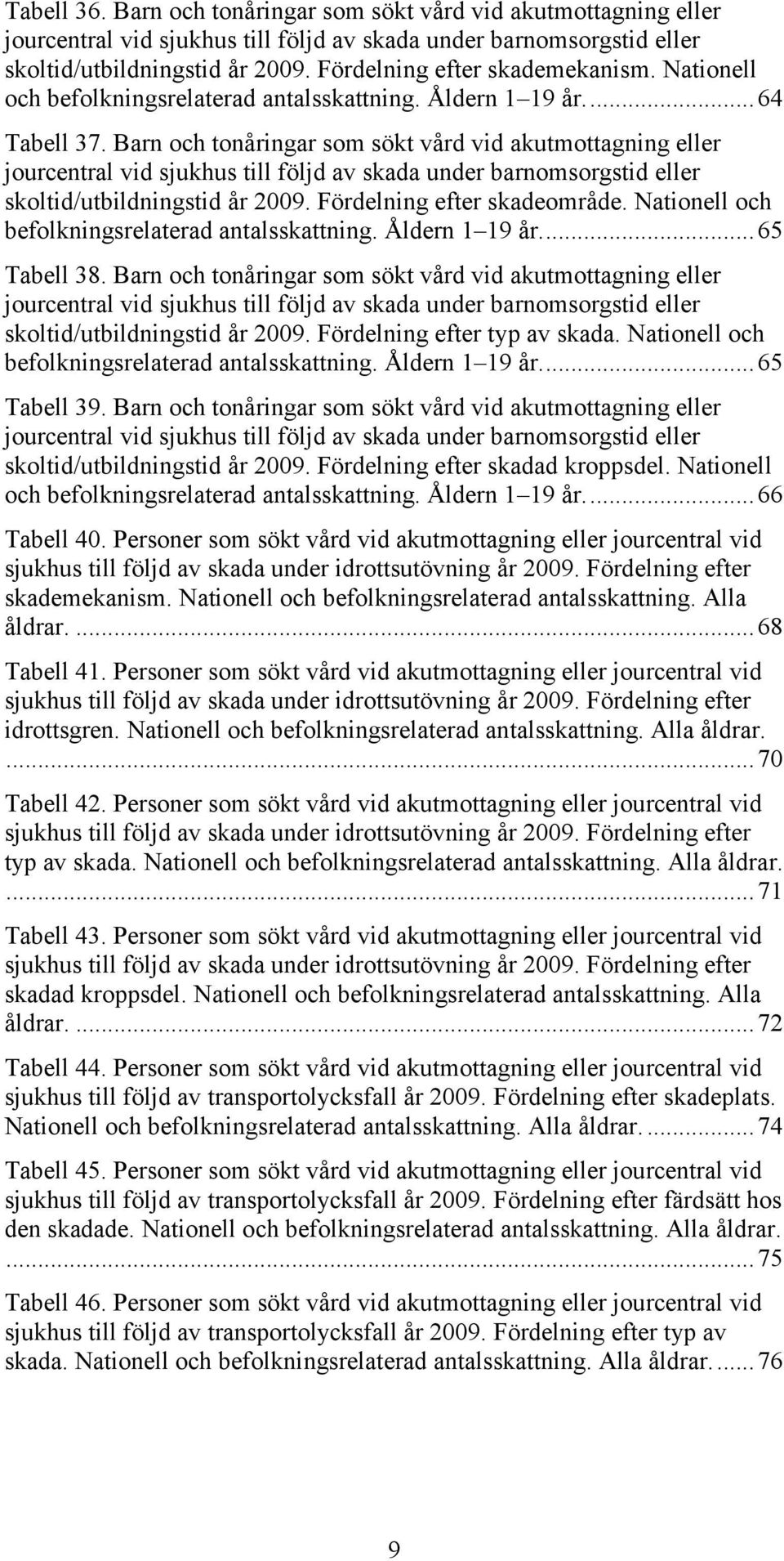 Barn och tonåringar som sökt vård vid akutmottagning eller jourcentral vid sjukhus till följd av skada under barnomsorgstid eller skoltid/utbildningstid år 2009. Fördelning efter skadeområde.