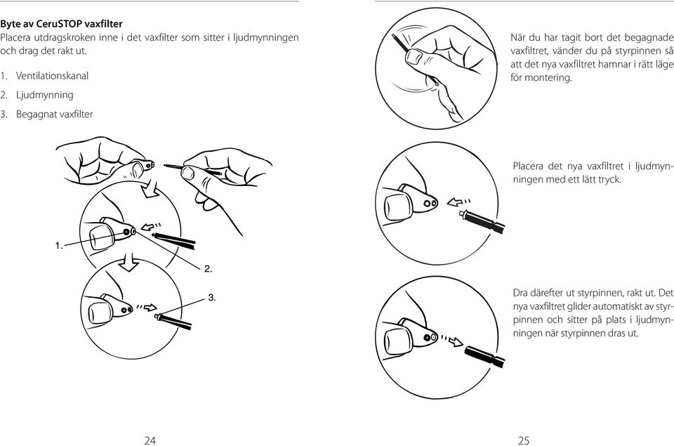 Begagnat vaxfilter När du har tagit bort det begagnade vaxfiltret, vänder du på styrpinnen så att det nya vaxfiltret hamnar i rätt