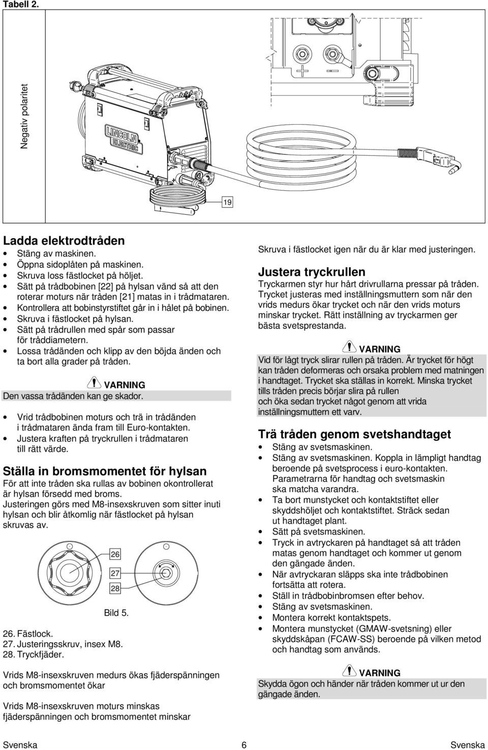 Sätt på trådrullen med spår som passar för tråddiametern. Lossa trådänden och klipp av den böjda änden och ta bort alla grader på tråden. Den vassa trådänden kan ge skador.