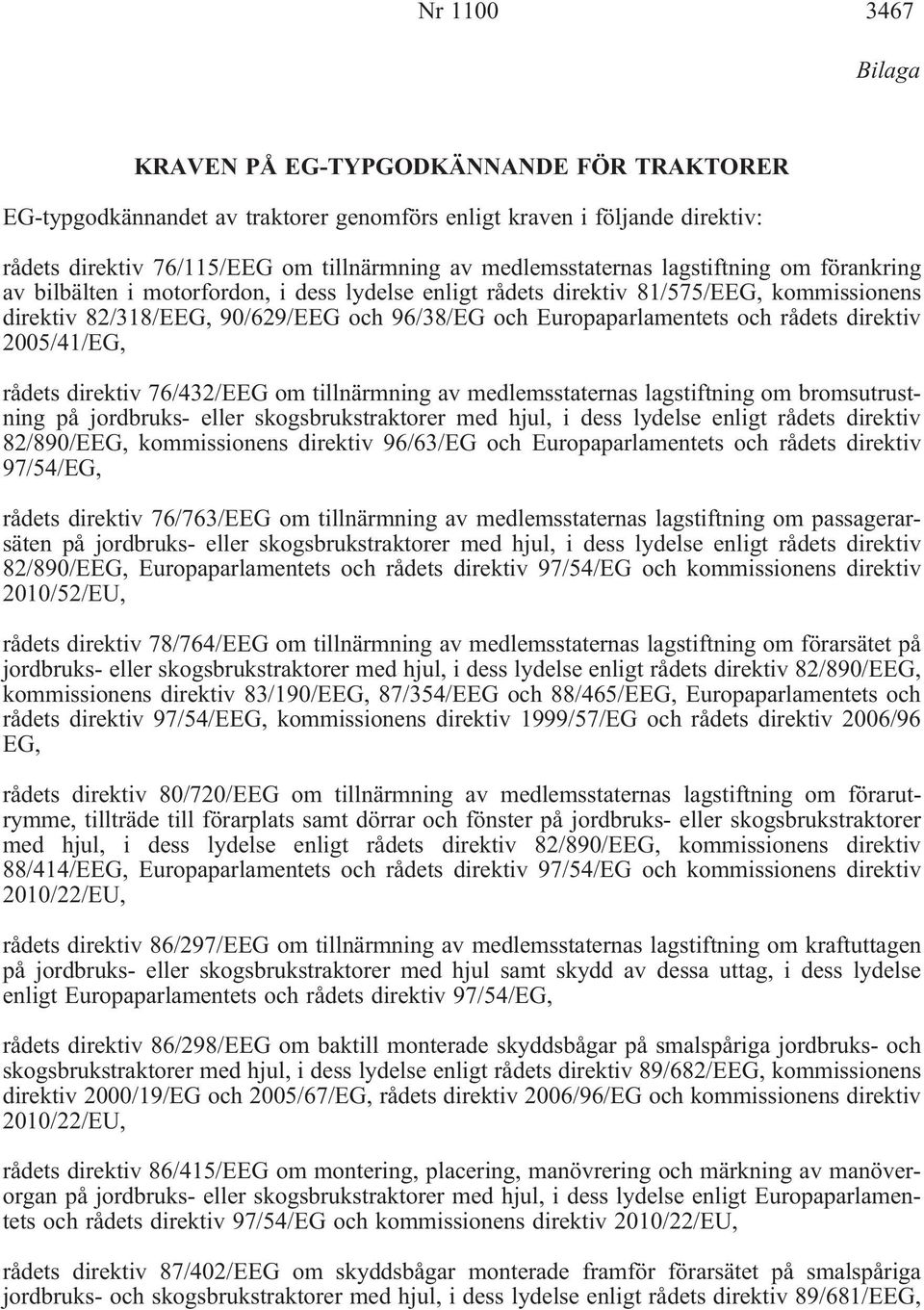 Europaparlamentets och rådets direktiv 2005/41/EG, rådets direktiv 76/432/EEG om tillnärmning av medlemsstaternas lagstiftning om bromsutrustning på jordbruks- eller skogsbrukstraktorer med hjul, i