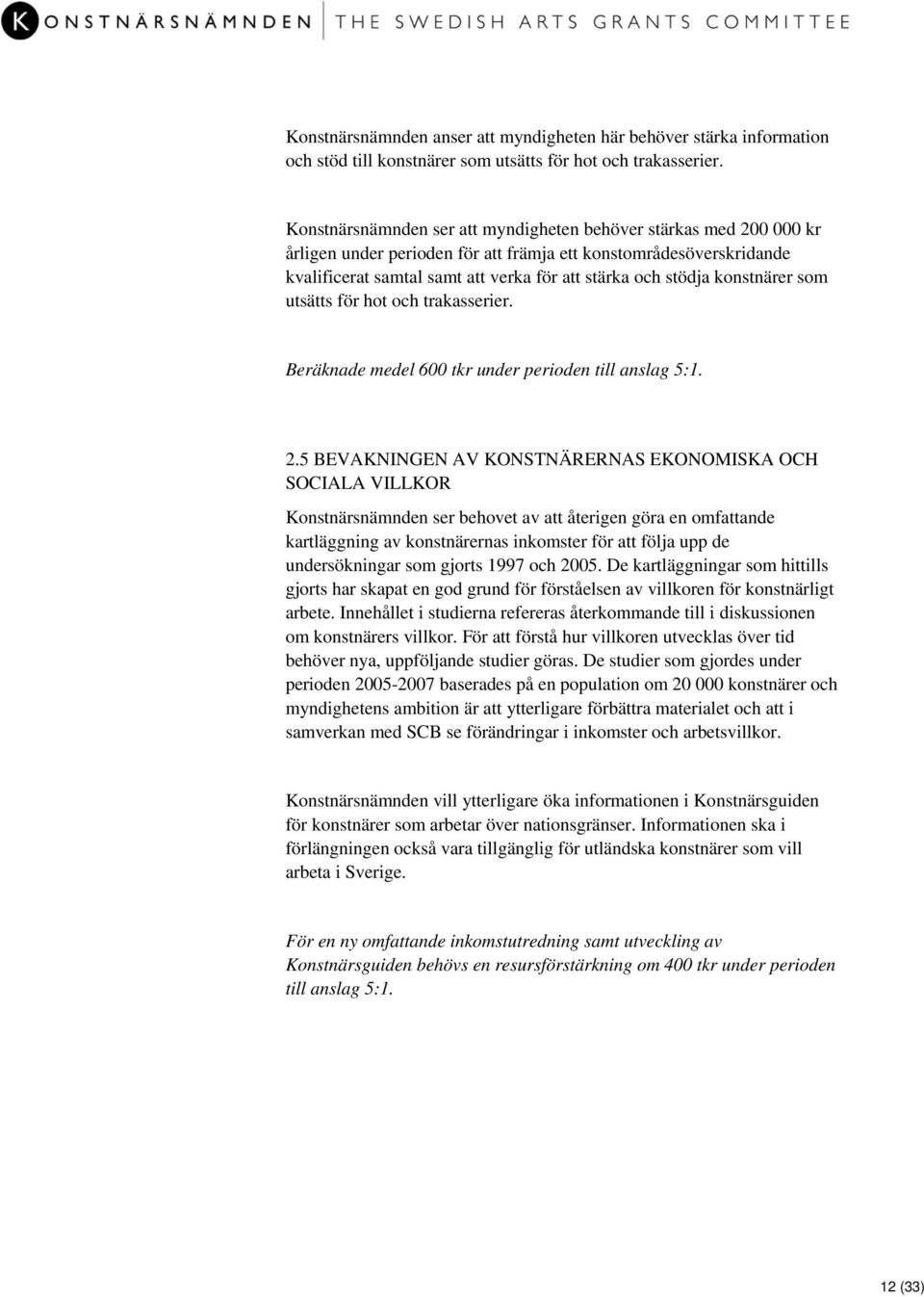 konstnärer som utsätts för hot och trakasserier. Beräknade medel 600 tkr under perioden till anslag 5:1. 2.
