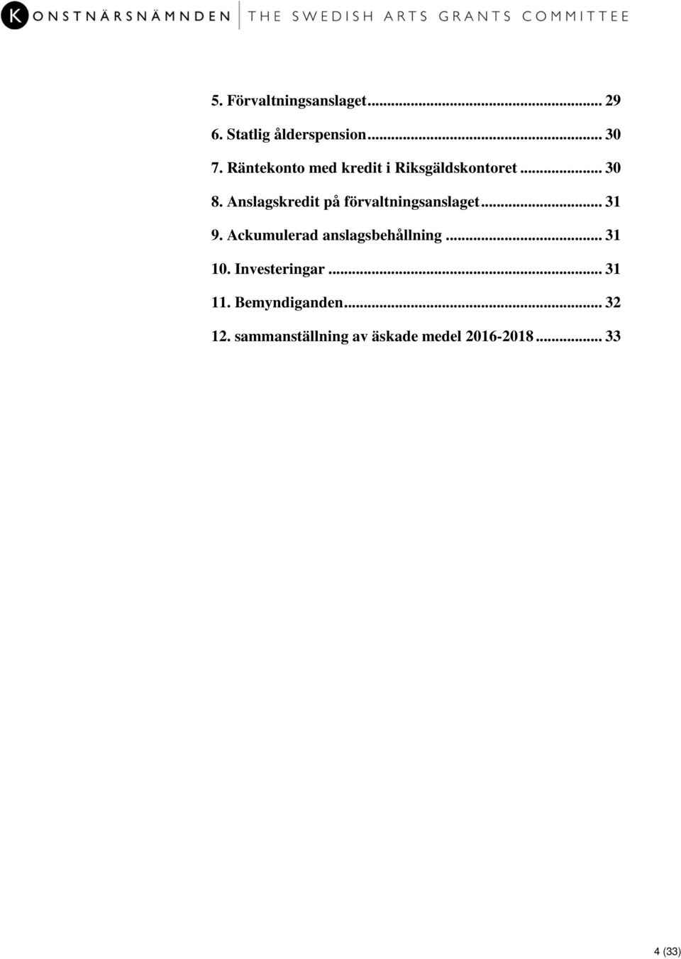 Anslagskredit på förvaltningsanslaget... 31 9.