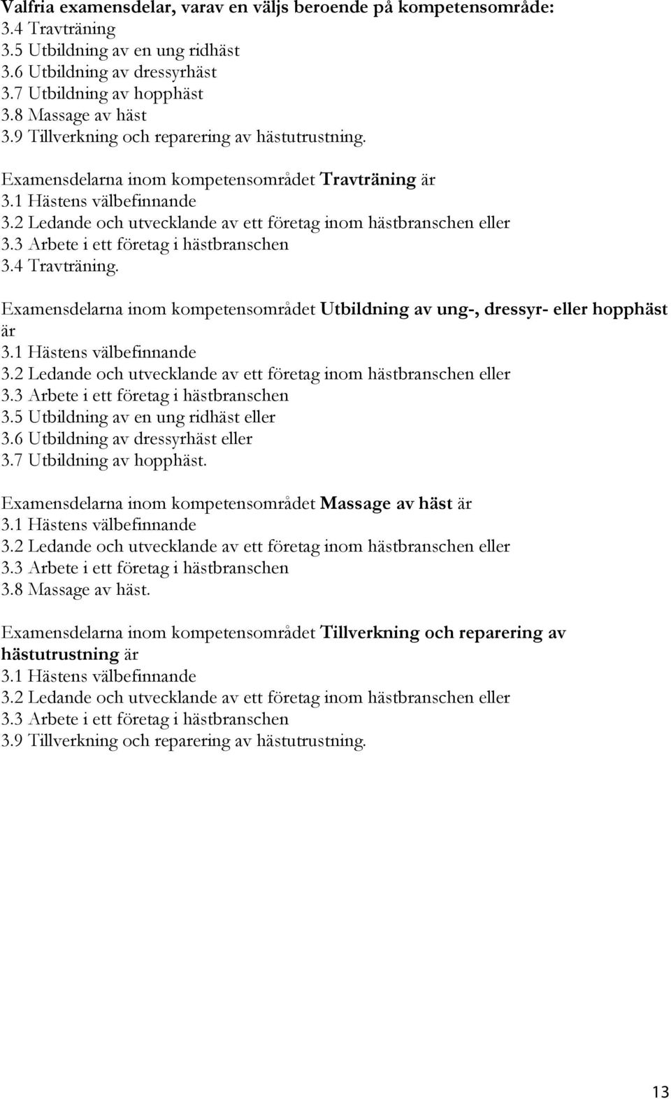 3 Arbete i ett företag i hästbranschen 3.4 Travträning. Examensdelarna inom kompetensområdet Utbildning av ung-, dressyr- eller hopphäst är 3.1 Hästens välbefinnande 3.