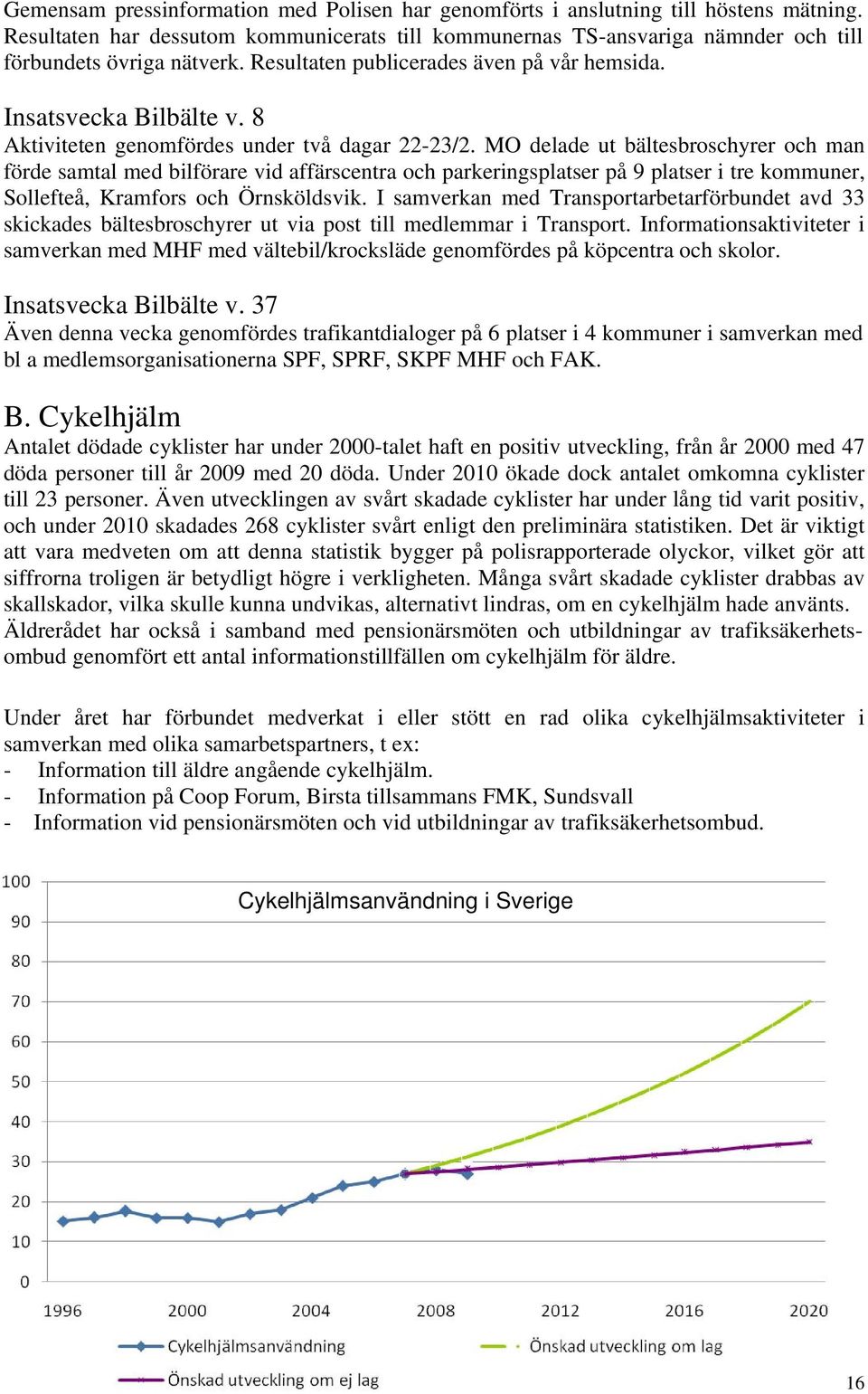 MO delade ut bältesbroschyrer och man förde samtal med bilförare vid affärscentra och parkeringsplatser på 9 platser i tre kommuner, Sollefteå, Kramfors och Örnsköldsvik.