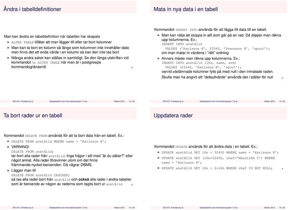 Se den långa utskriften vid kommandot \h ALTER TABLE när man är i postgresqls kommandogränssnitt Kommandot INSERT INTO används för att lägga till data till en tabell.