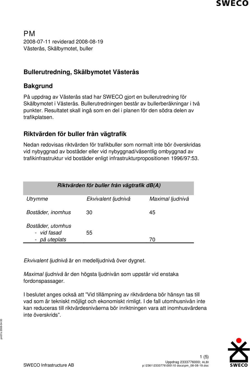 Riktvärden för buller från vägtrafik Nedan redovisas riktvärden för trafikbuller som normalt inte bör överskridas vid nybyggnad av bostäder eller vid nybyggnad/väsentlig ombyggnad av