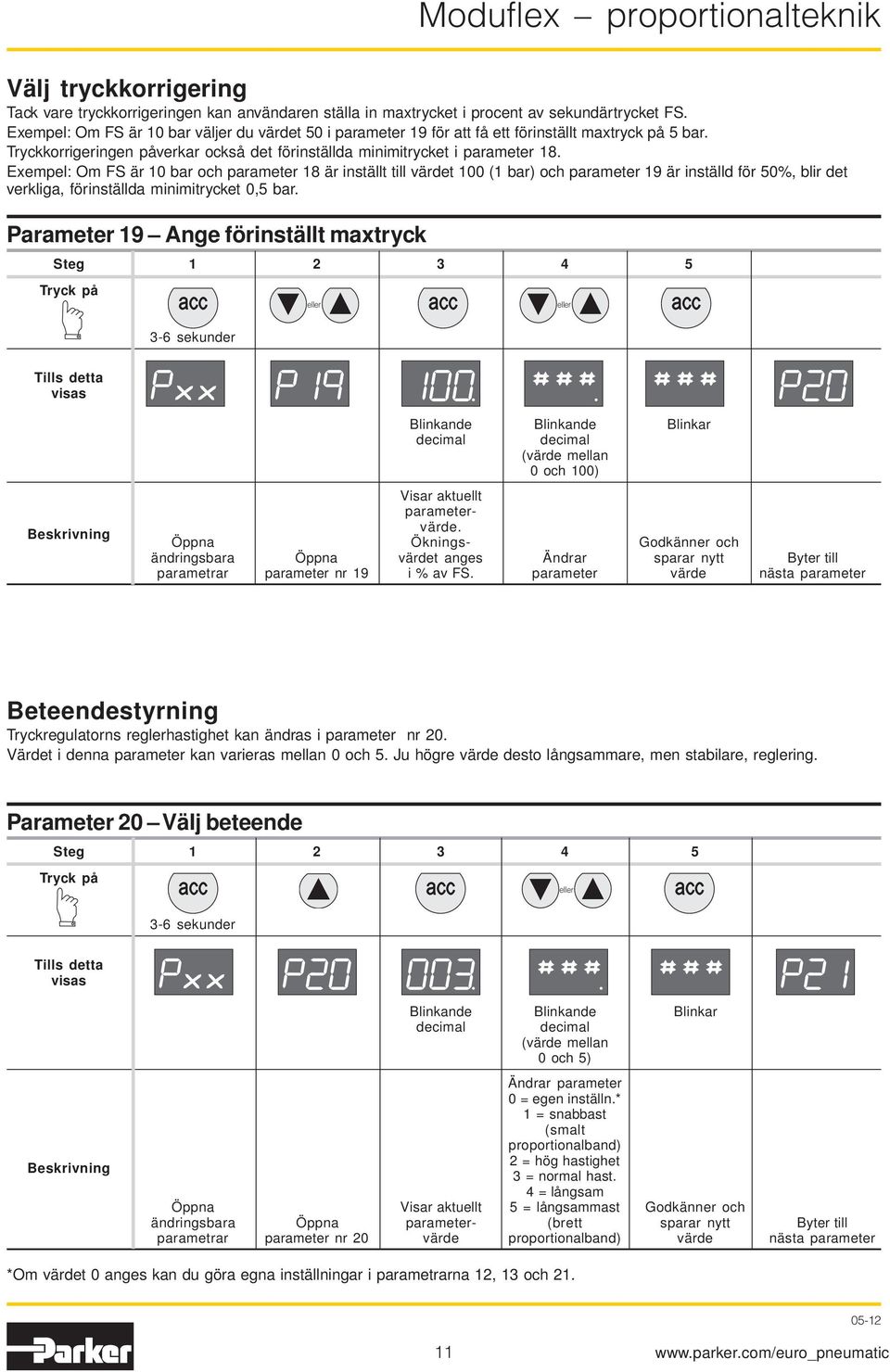 Exempel: Om FS är 10 bar och parameter 18 är inställt till värdet 100 (1 bar) och parameter 19 är inställd för 50%, blir det verkliga, förinställda minimitrycket 0,5 bar.