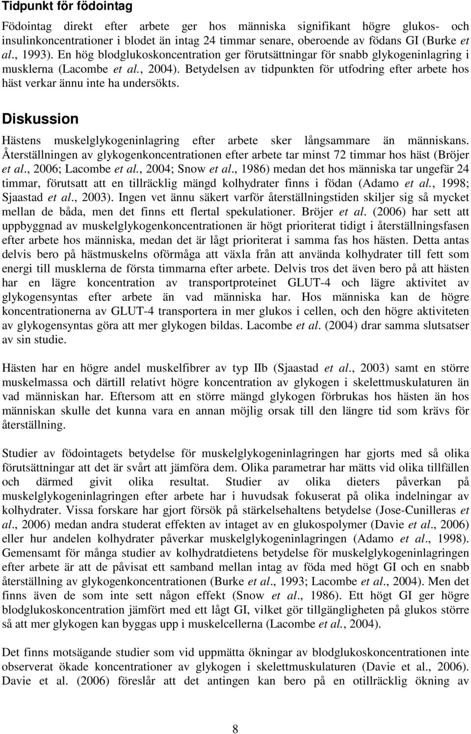 Betydelsen av tidpunkten för utfodring efter arbete hos häst verkar ännu inte ha undersökts. Diskussion Hästens muskelglykogeninlagring efter arbete sker långsammare än människans.