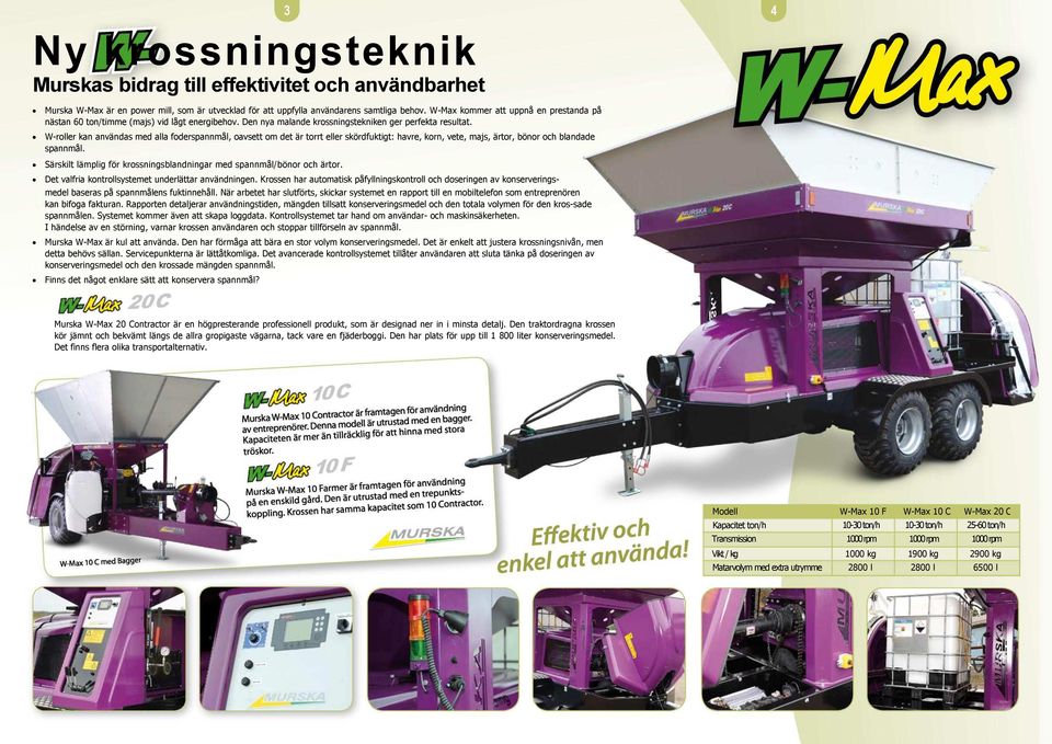 W-roller kan användas med alla foderspannmål, oavsett om det är torrt eller skördfuktigt: havre, korn, vete, majs, ärtor, bönor och blandade spannmål.
