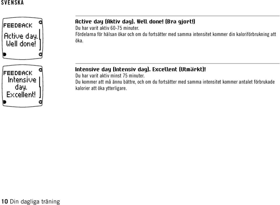 Intensive day (Intensiv dag). Excellent (Utmärkt)! Du har varit aktiv minst 75 minuter.