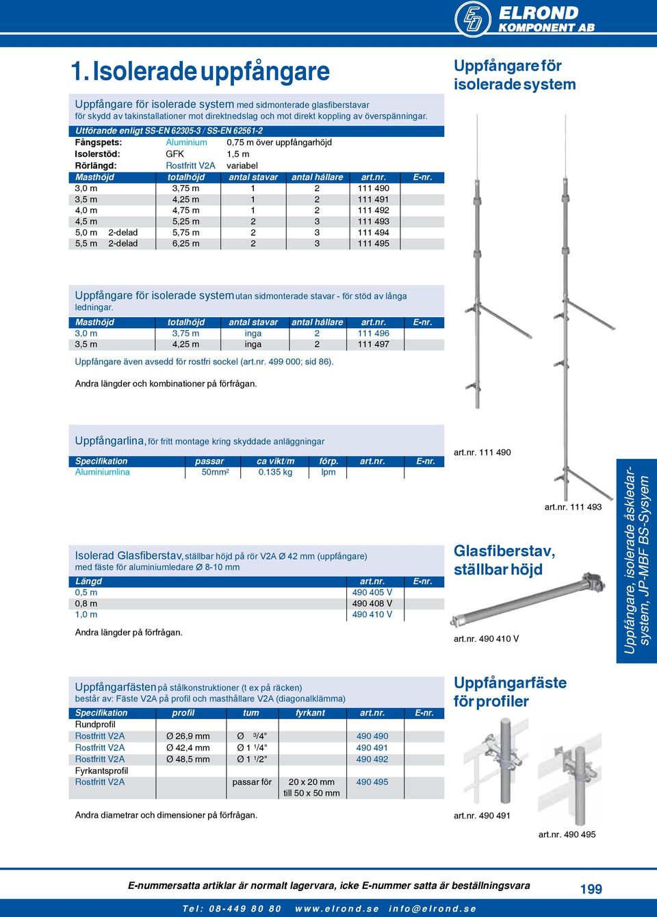 Utförande enligt SS-EN 62305-3 / SS-EN 62561-2 Fångspets: Aluminium 0,75 m över uppfångarhöjd Isolerstöd: GFK 1,5 m Rörlängd: Rostfritt V2A variabel Masthöjd totalhöjd antal stavar antal hållare art.