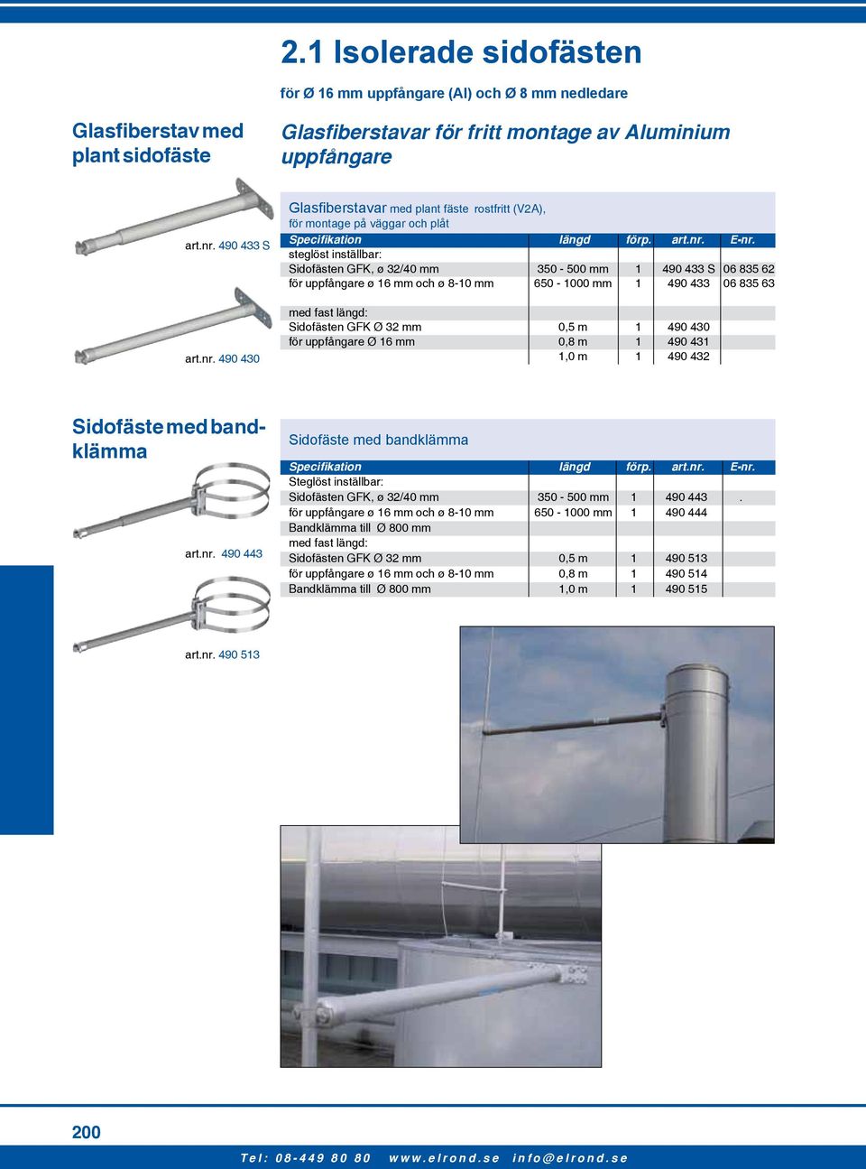 steglöst inställbar: Sidofästen GFK, ø 32/40 mm 350-500 mm 1 490 433 S 06 835 62 för uppfångare ø 16 mm och ø 8-10 mm 650-1000 mm 1 490 433 06 835 63 med fast längd: Sidofästen GFK Ø 32 mm 0,5 m 1