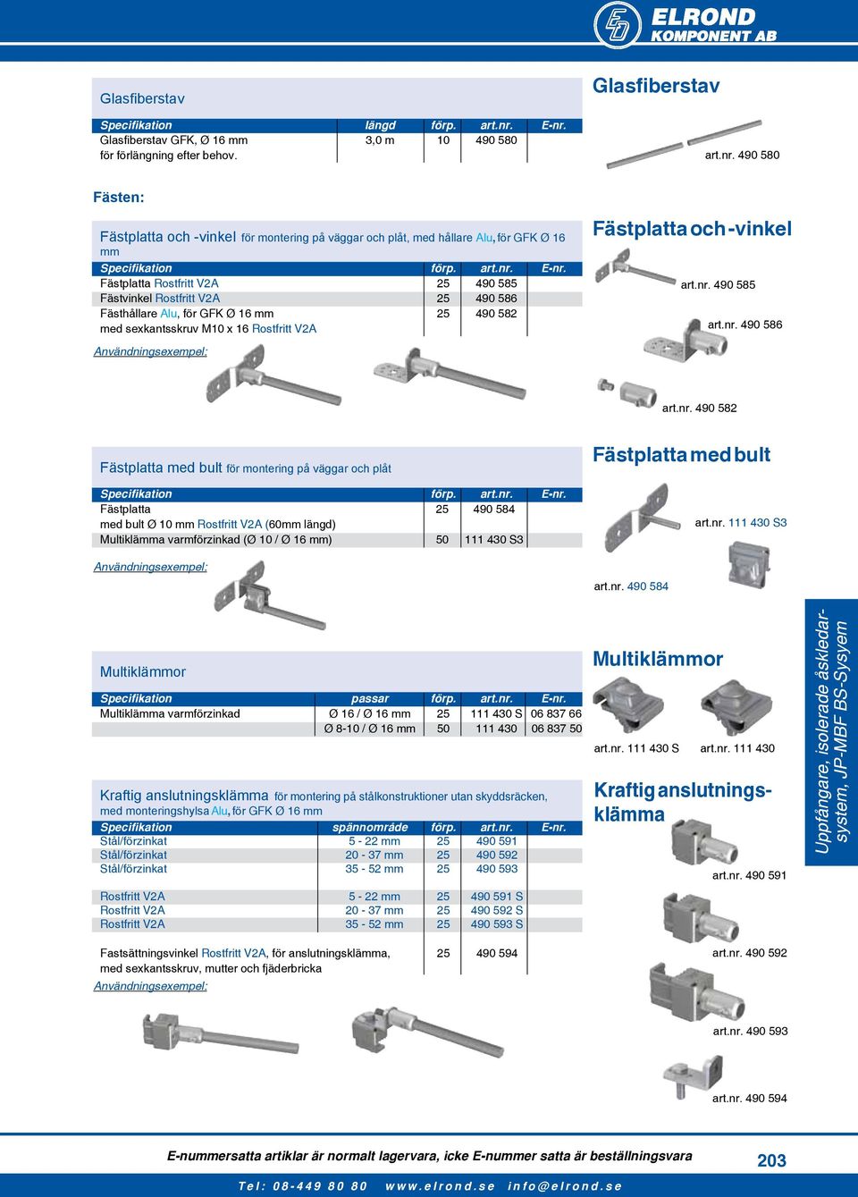 nr. 490 585 art.nr. 490 586 Användningsexempel: art.nr. 490 582 Fästplatta med bult för montering på väggar och plåt Specifikation förp. art.nr. E-nr.
