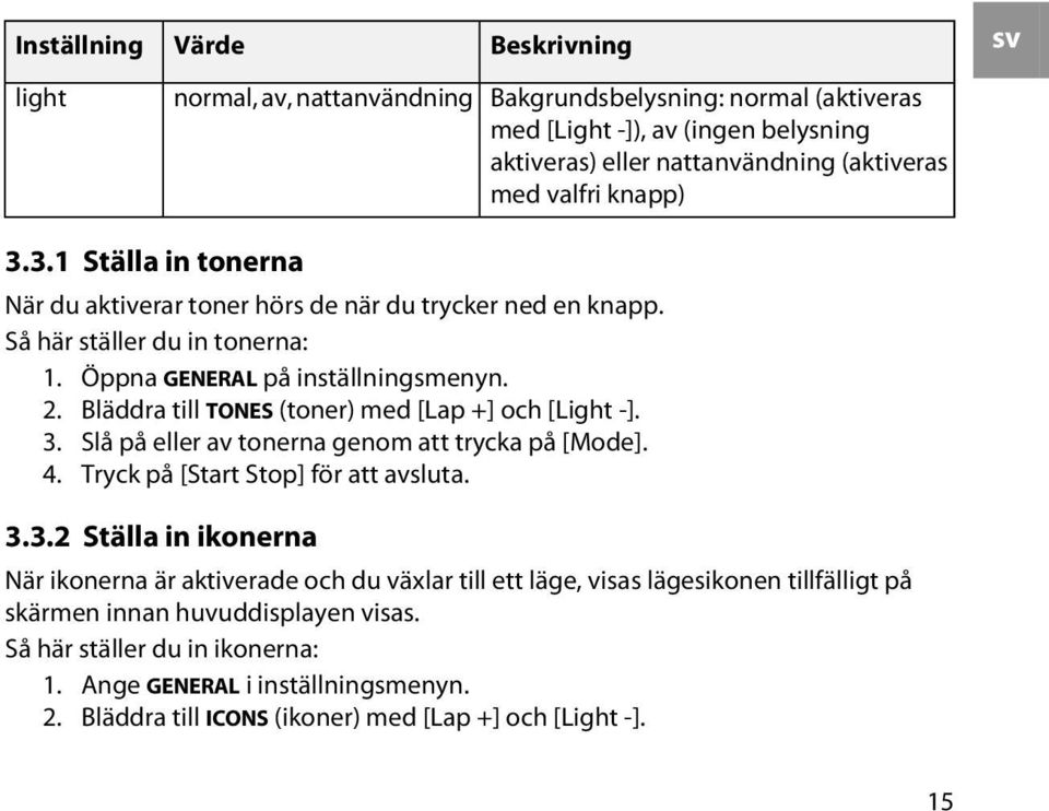 Bläddra till TONES (toner) med [Lap +] och [Light -]. 3.
