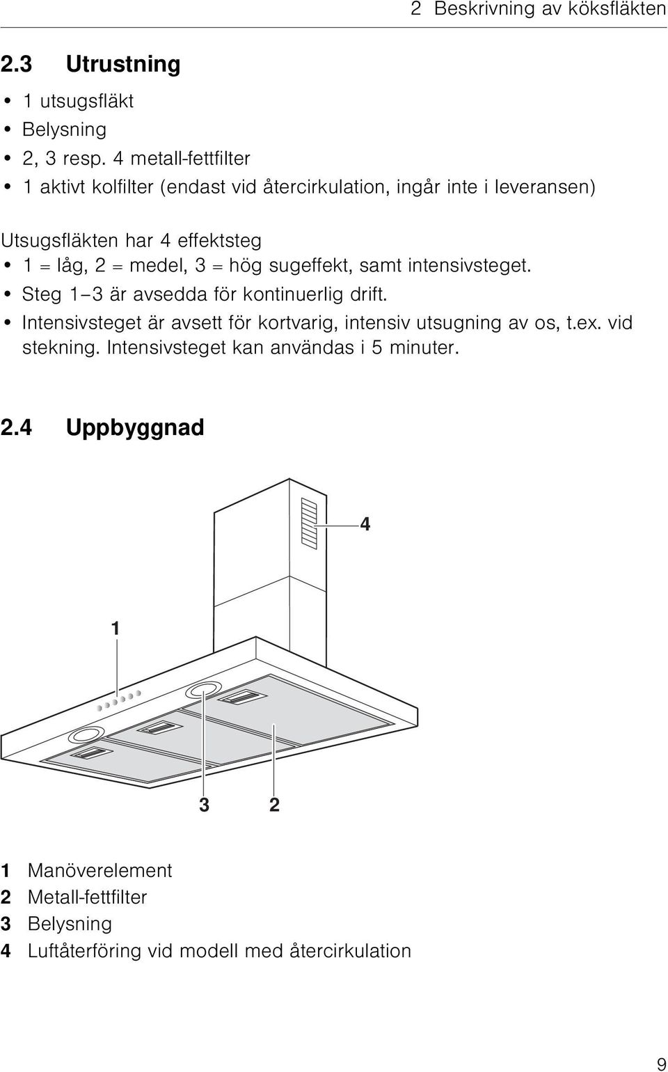 medel, 3 = hög sugeffekt, samt intensivsteget. Steg 1 3 är avsedda för kontinuerlig drift.