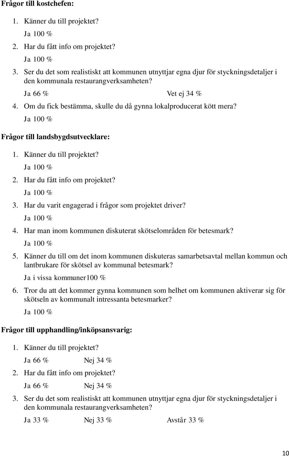Om du fick bestämma, skulle du då gynna lokalproducerat kött mera? Frågor till landsbygdsutvecklare: 1. Känner du till projektet? 2. Har du fått info om projektet? 3.