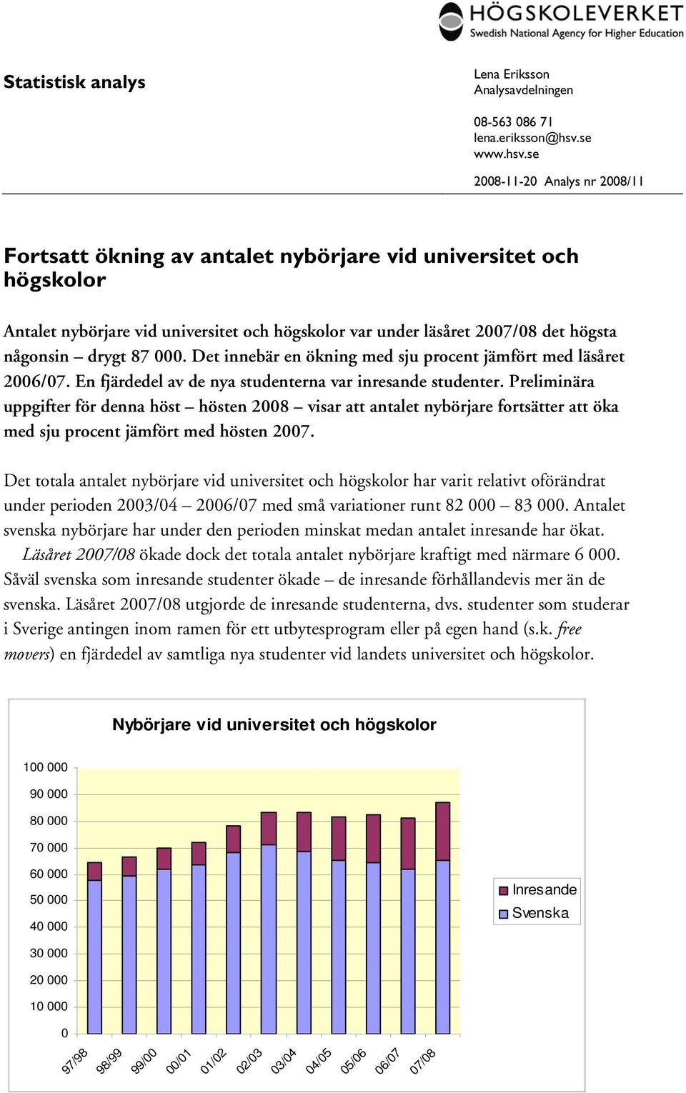 se 2008-11-20 Analys nr 2008/11 Fortsatt ökning av antalet nybörjare vid universitet och högskolor Antalet nybörjare vid universitet och högskolor var under läsåret 2007/08 det högsta någonsin drygt