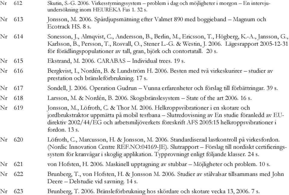 Lägesrapport 2005-12-31 för förädlingspopulationer av tall, gran, björk och contortatall. 20 s. Nr 615 Ekstrand, M. 2006. CARABAS Individual trees. 19 s. Nr 616 Bergkvist, I., Nordén, B.