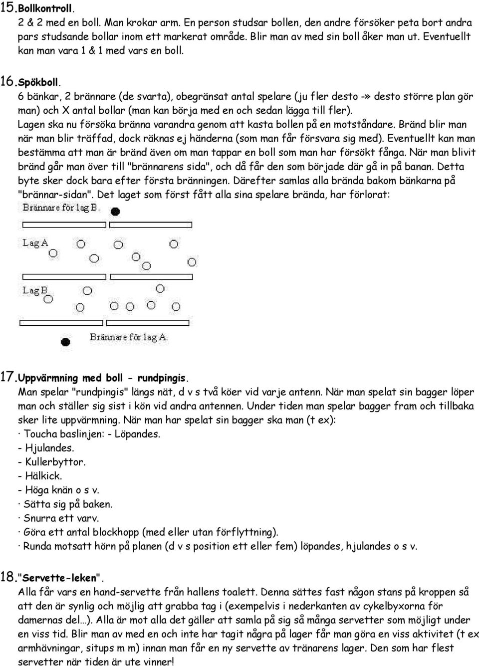 6 bänkar, 2 brännare (de svarta), obegränsat antal spelare (ju fler desto -» desto större plan gör man) och X antal bollar (man kan börja med en och sedan lägga till fler).