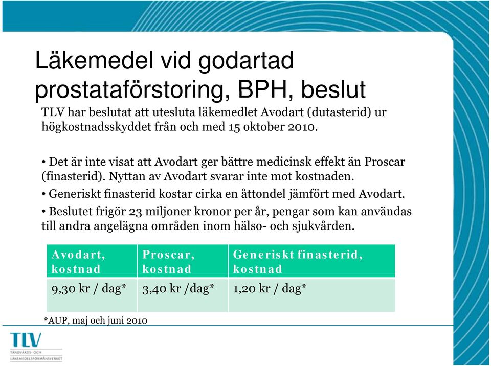 Generiskt finasterid kostar cirka en åttondel jämfört med Avodart.