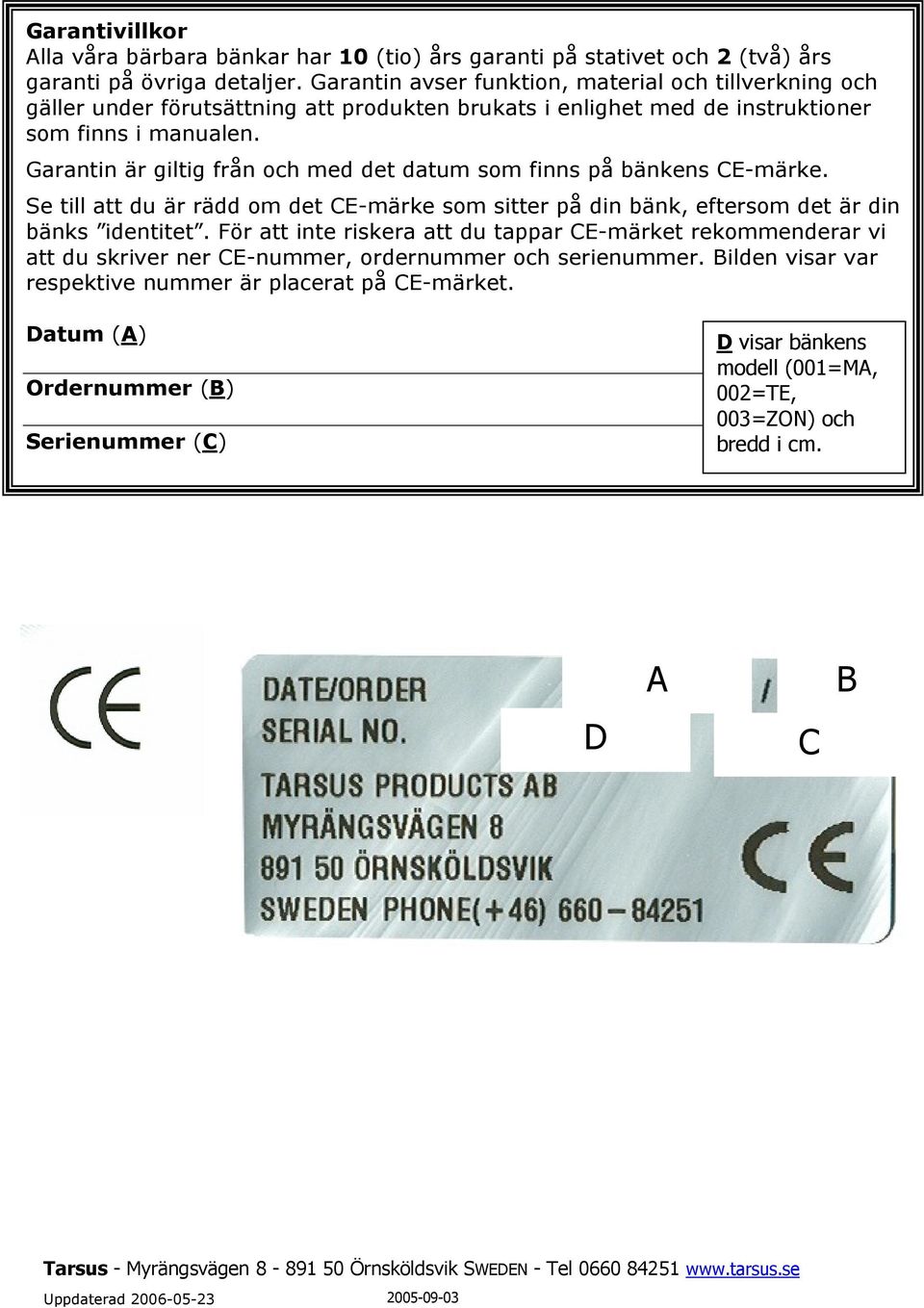 Garantin är giltig från och med det datum som finns på bänkens CE-märke. Se till att du är rädd om det CE-märke som sitter på din bänk, eftersom det är din bänks identitet.