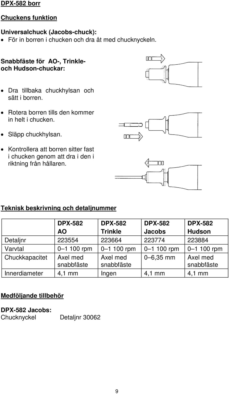 Kontrollera att borren sitter fast i chucken genom att dra i den i riktning från hållaren.