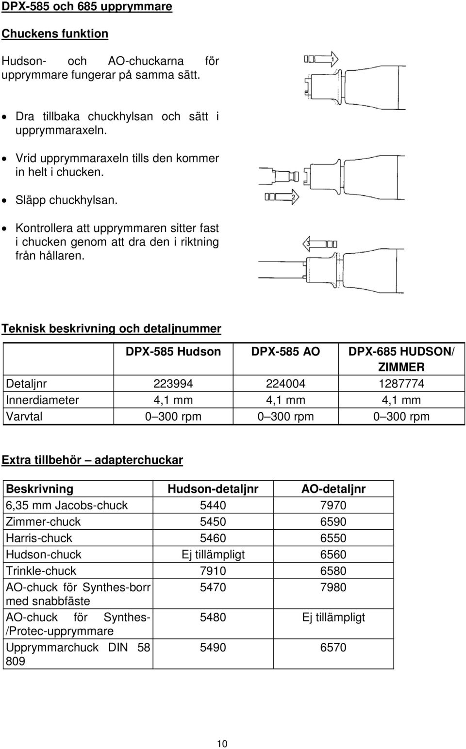 Teknisk beskrivning och detaljnummer DPX-585 Hudson DPX-585 AO DPX-685 HUDSON/ ZIMMER Detaljnr 223994 224004 1287774 Innerdiameter 4,1 mm 4,1 mm 4,1 mm Varvtal 0 300 rpm 0 300 rpm 0 300 rpm Extra