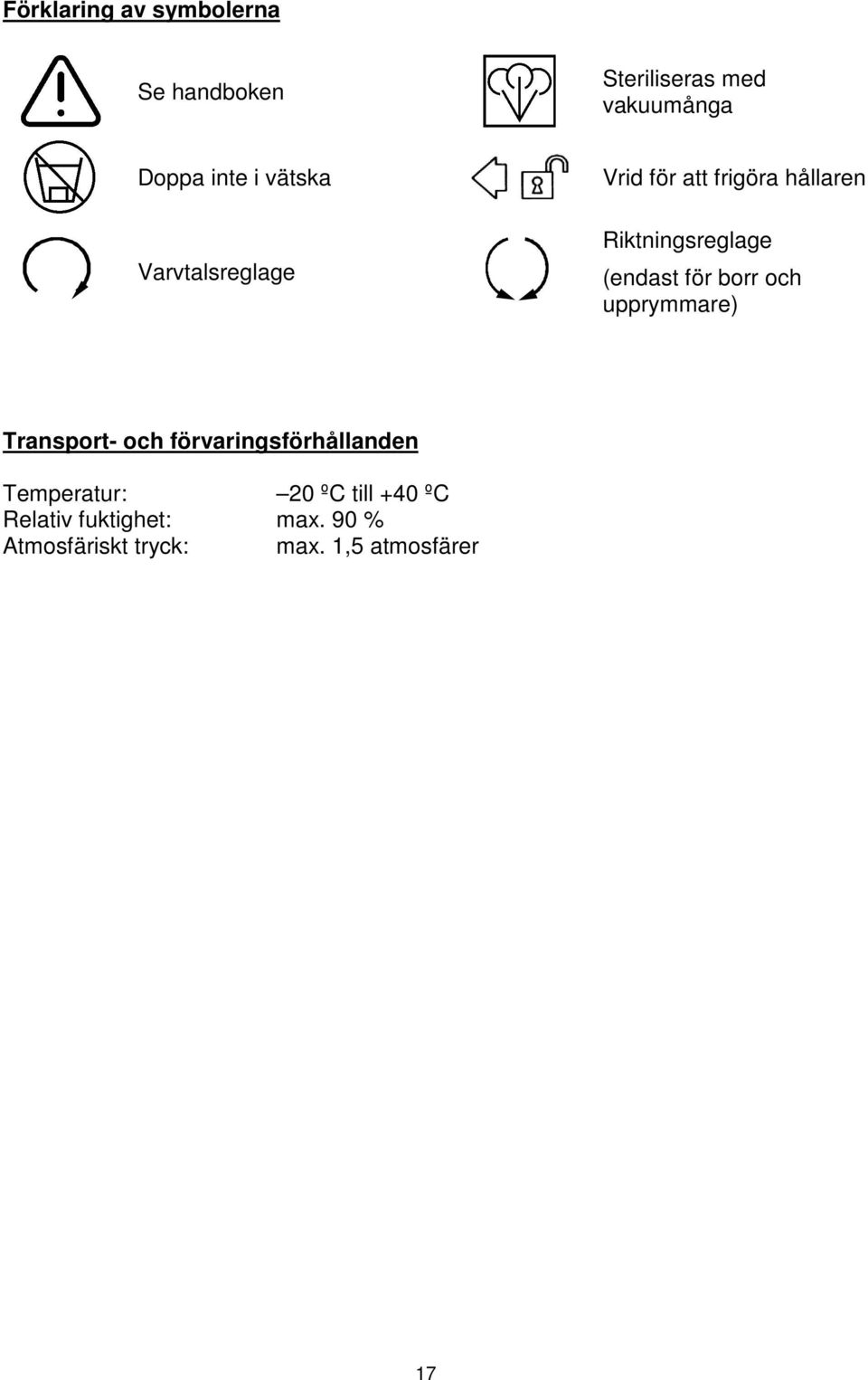 för borr och upprymmare) Transport- och förvaringsförhållanden Temperatur: 20 ºC