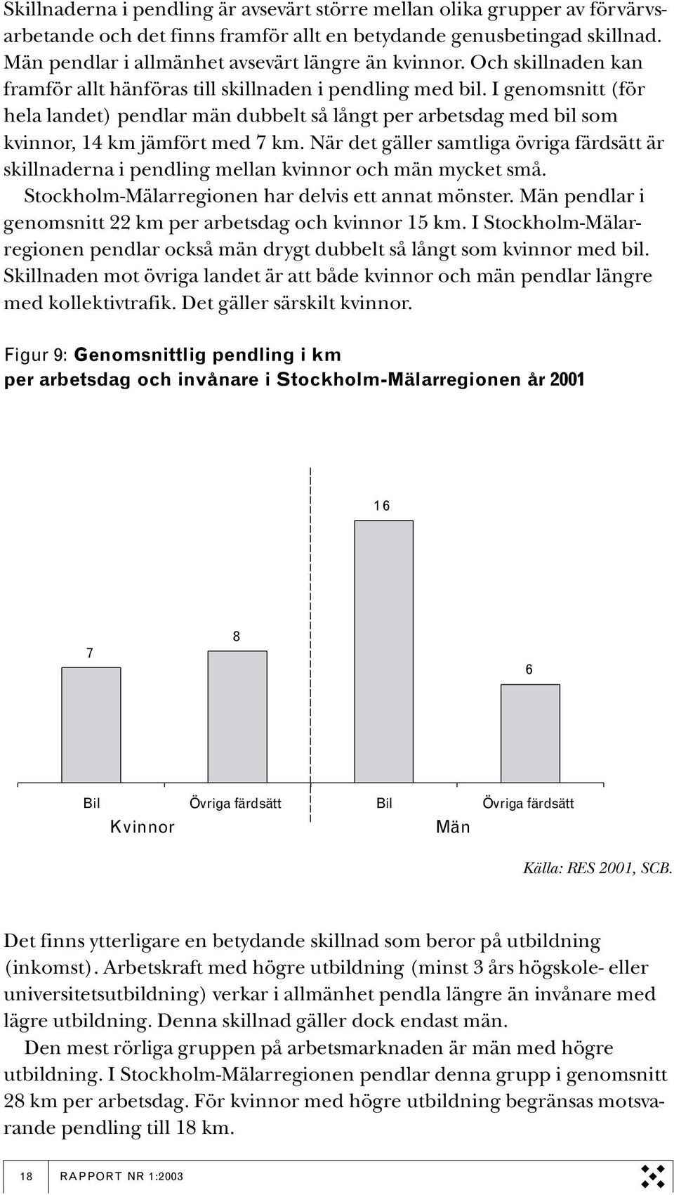 När det gäller samtliga övriga färdsätt är skillnaderna i pendling mellan kvinnor och män mycket små. Stockholm-Mälarregionen har delvis ett annat mönster.