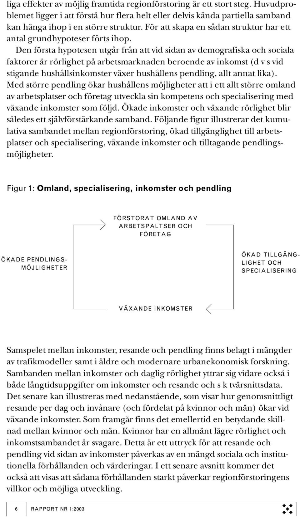 Den första hypotesen utgår från att vid sidan av demografiska och sociala faktorer är rörlighet på arbetsmarknaden beroende av inkomst (d v s vid stigande hushållsinkomster växer hushållens pendling,