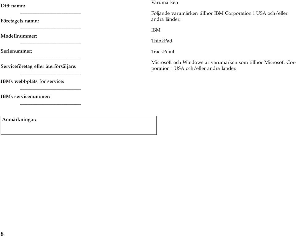 varumärken tillhör IBM Corporation i USA och/eller andra länder: IBM ThinkPad TrackPoint