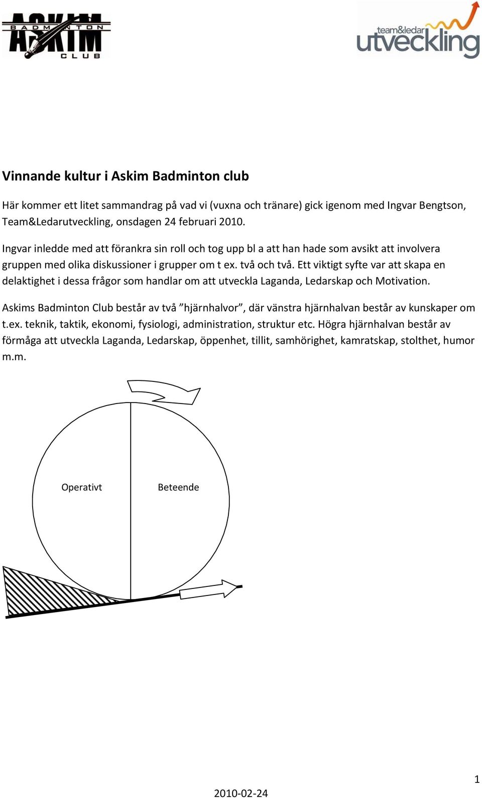 Ett viktigt syfte var att skapa en delaktighet i dessa frågor som handlar om att utveckla Laganda, Ledarskap och Motivation.