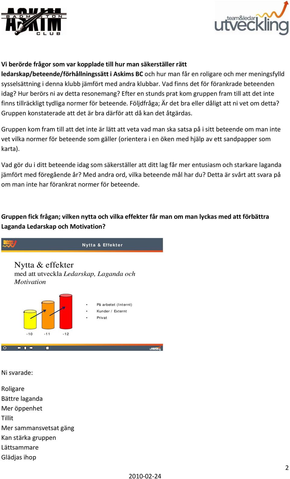 Efter en stunds prat kom gruppen fram till att det inte finns tillräckligt tydliga normer för beteende. Följdfråga; Är det bra eller dåligt att ni vet om detta?