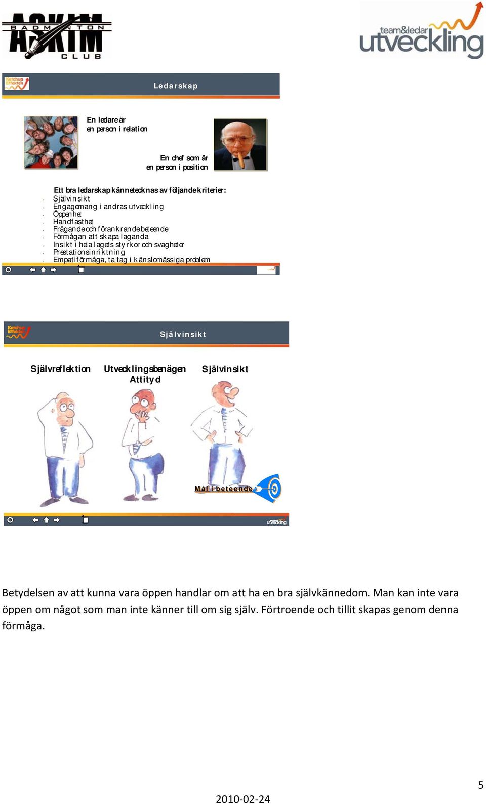 Empatiförmåga, ta tag i känslomässiga problem Självinsikt Självreflektion??????? Utveck l in gsben ägen Attityd! Självinsikt!!! Mål i beteende Betydelsen av att kunna vara öppen handlar om att ha en bra självkännedom.