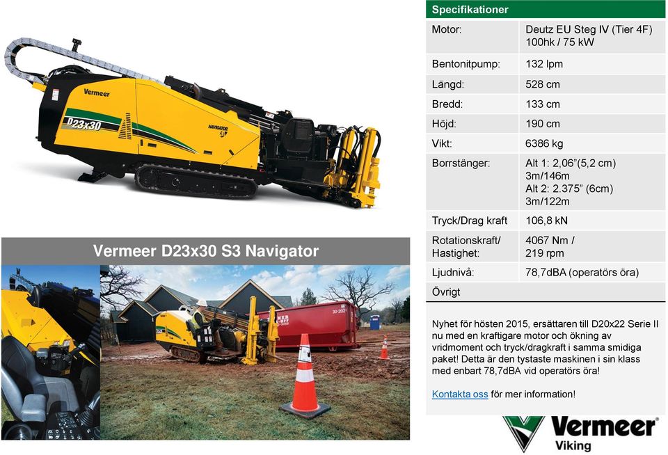 375 (6cm) 3m/122m 106,8 kn 4067 Nm / 219 rpm 78,7dBA (operatörs öra) Nyhet för hösten 2015, ersättaren till D20x22 Serie II nu med en kraftigare