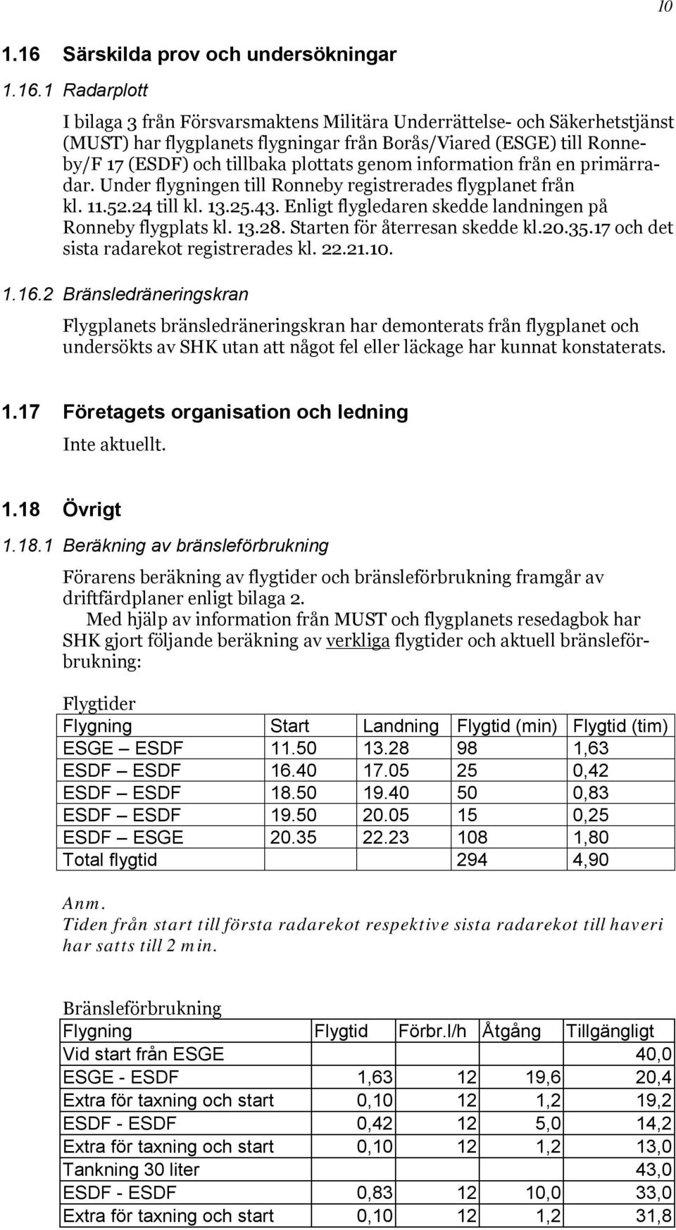 1 Radarplott I bilaga 3 från Försvarsmaktens Militära Underrättelse- och Säkerhetstjänst (MUST) har flygplanets flygningar från Borås/Viared (ESGE) till Ronneby/F 17 (ESDF) och tillbaka plottats