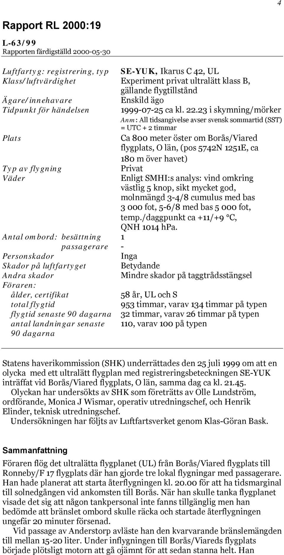 23 i skymning/mörker Anm: All tidsangivelse avser svensk sommartid (SST) = UTC + 2 timmar Plats Ca 800 meter öster om Borås/Viared flygplats, O län, (pos 5742N 1251E, ca 180 m över havet) Typ av