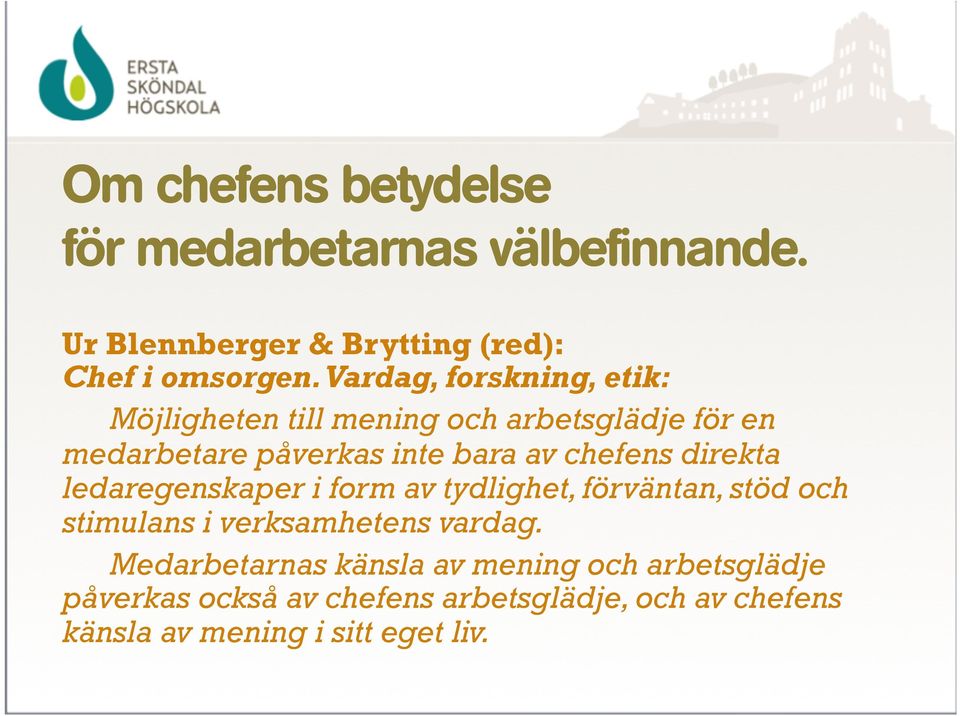 chefens direkta ledaregenskaper i form av tydlighet, förväntan, stöd och stimulans i verksamhetens vardag.