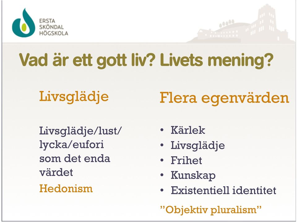 lycka/eufori som det enda värdet Hedonism Kärlek