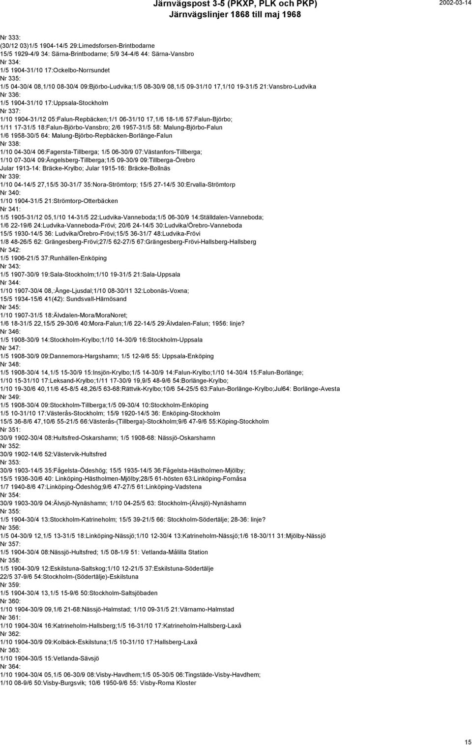 17,1/6 18-1/6 57:Falun-Björbo; 1/11 17-31/5 18:Falun-Björbo-Vansbro; 2/6 1957-31/5 58: Malung-Björbo-Falun 1/6 1958-30/5 64: Malung-Björbo-Repbäcken-Borlänge-Falun Nr 338: 1/10 04-30/4