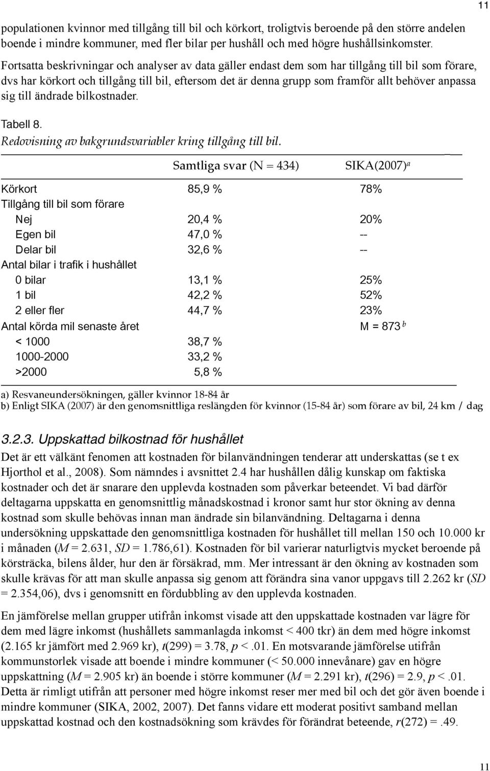 anpassa sig till ändrade bilkostnader. Tabell 8. Redovisning av bakgrundsvariabler kring tillgång till bil.