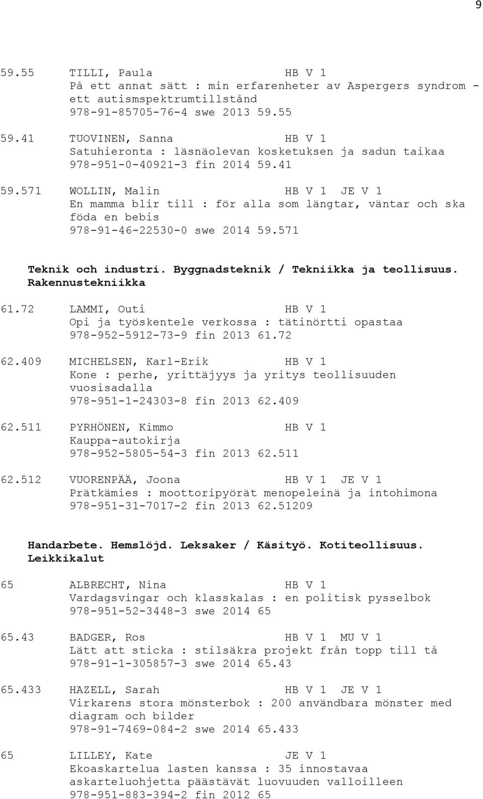 571 WOLLIN, Malin HB V 1 JE V 1 En mamma blir till : för alla som längtar, väntar och ska föda en bebis 978-91-46-22530-0 swe 2014 59.571 Teknik och industri. Byggnadsteknik / Tekniikka ja teollisuus.