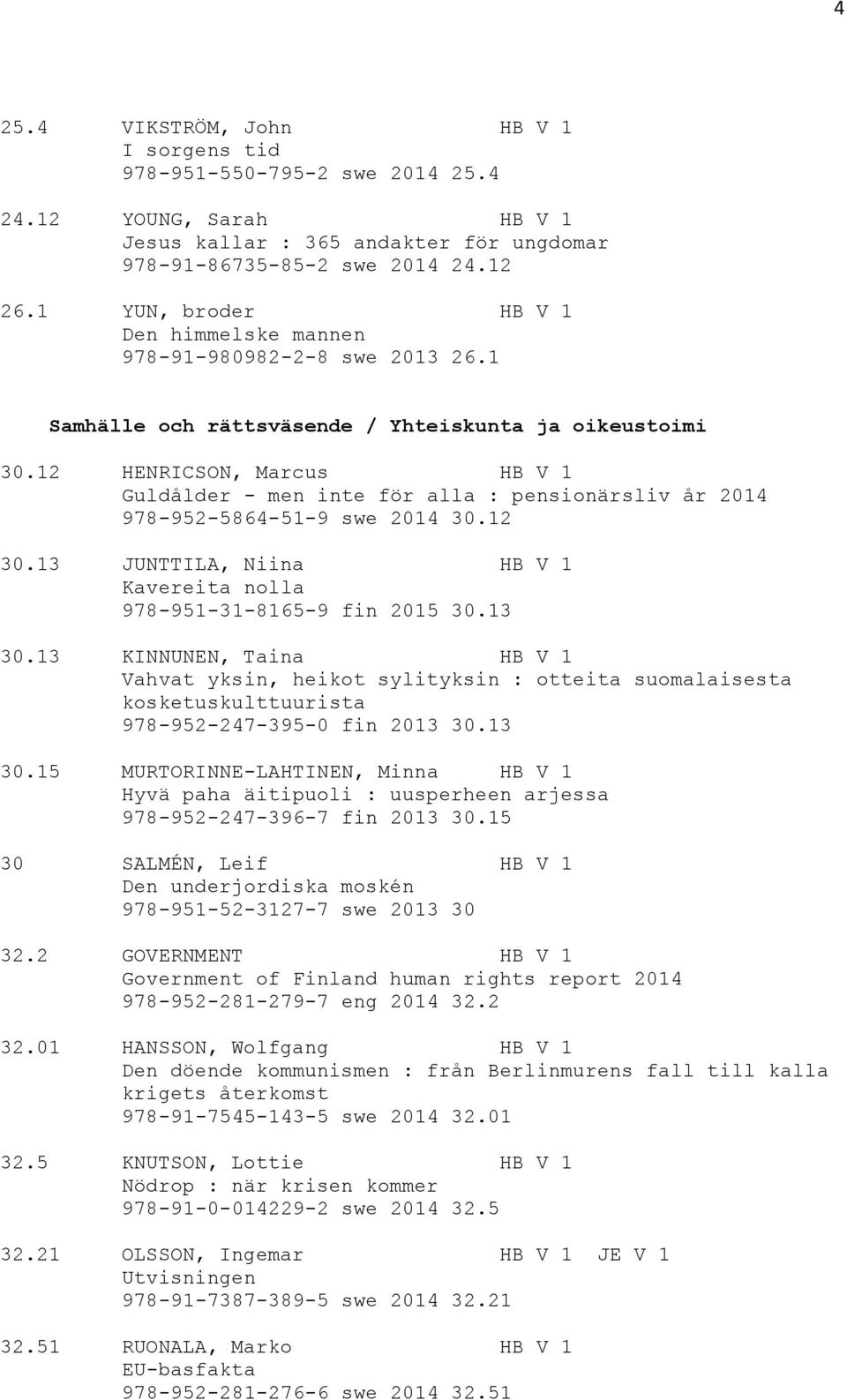 12 HENRICSON, Marcus HB V 1 Guldålder - men inte för alla : pensionärsliv år 2014 978-952-5864-51-9 swe 2014 30.12 30.13 JUNTTILA, Niina HB V 1 Kavereita nolla 978-951-31-8165-9 fin 2015 30.13 30.