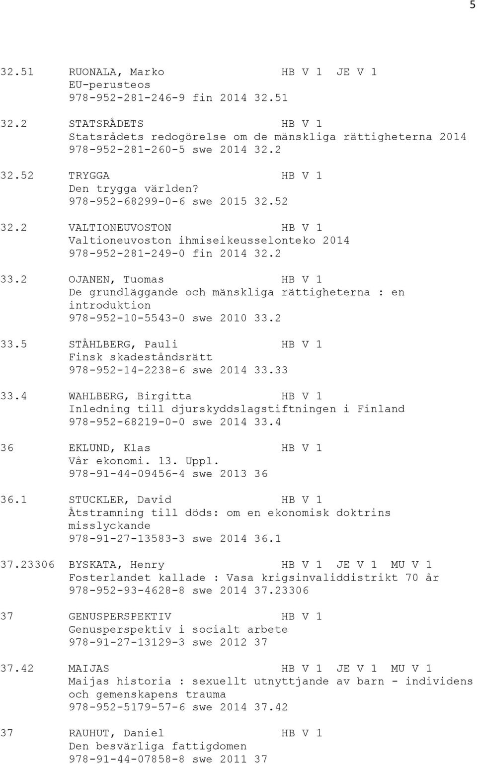 2 OJANEN, Tuomas HB V 1 De grundläggande och mänskliga rättigheterna : en introduktion 978-952-10-5543-0 swe 2010 33.2 33.5 STÅHLBERG, Pauli HB V 1 Finsk skadeståndsrätt 978-952-14-2238-6 swe 2014 33.