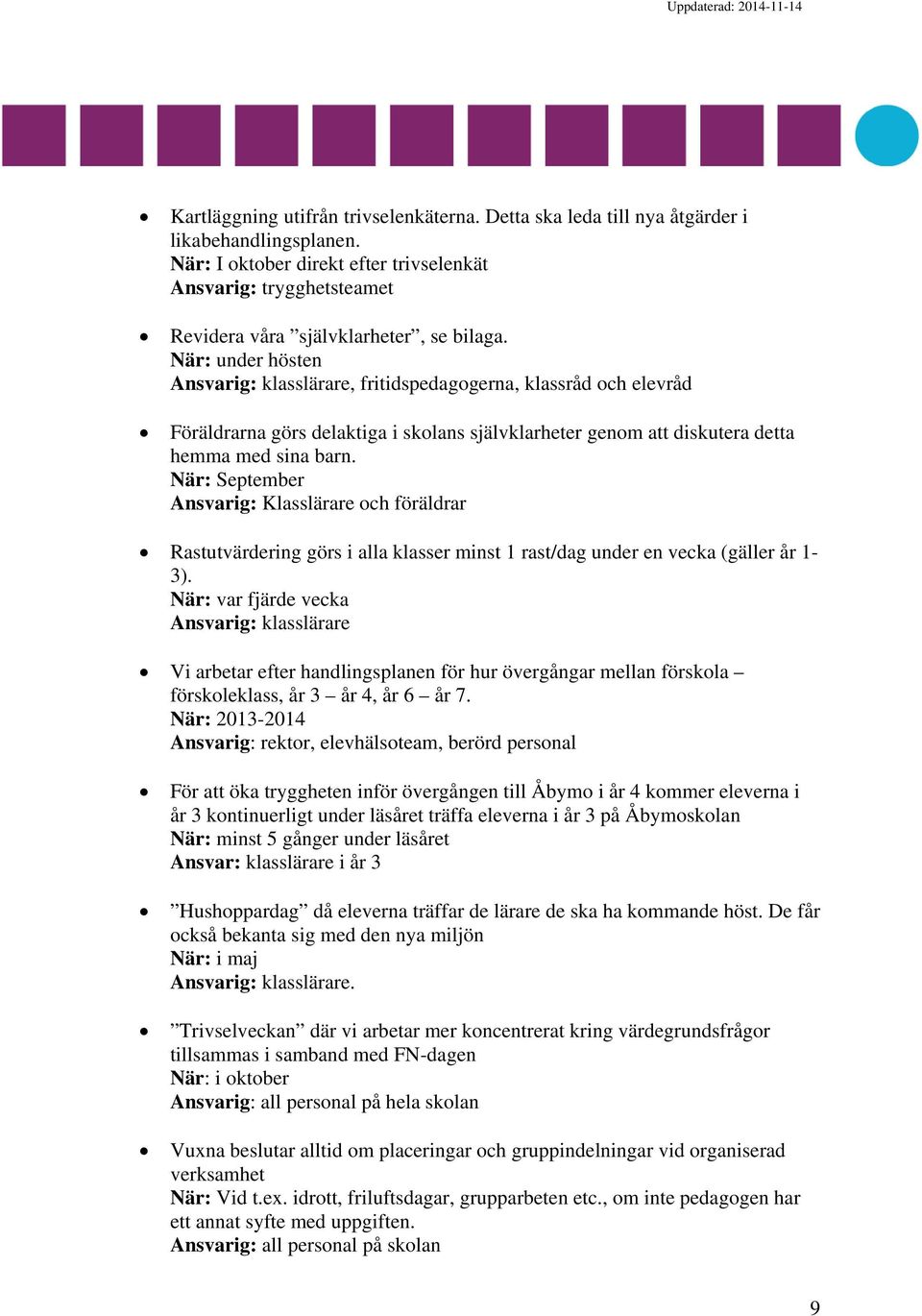 När: under hösten Ansvarig: klasslärare, fritidspedagogerna, klassråd och elevråd Föräldrarna görs delaktiga i skolans självklarheter genom att diskutera detta hemma med sina barn.