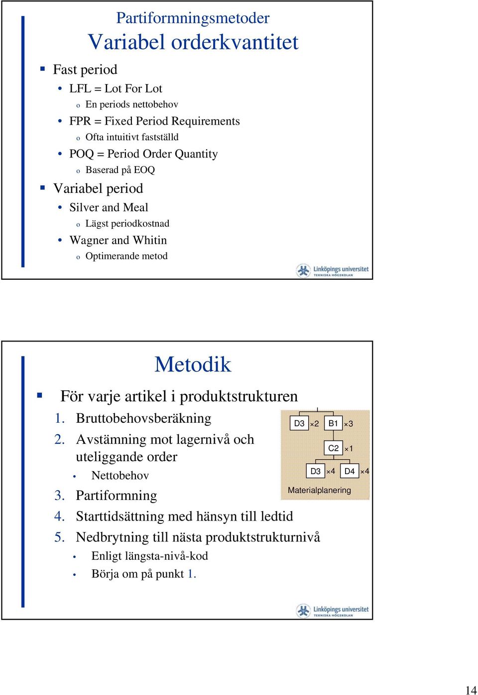 Metodik För varje artikel i produktstrukturen 1. sberäkning 2. Avstämning mot lagernivå och uteliggande order 3. Partiformning 4.