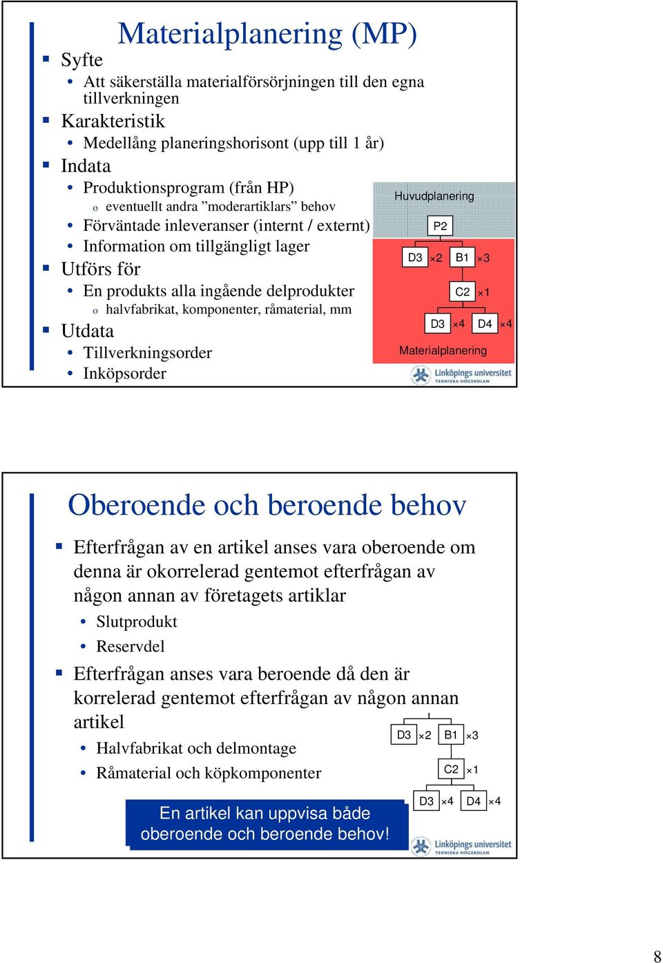 råmaterial, mm Utdata Tillverkningsorder Inköpsorder Huvudplanering D3 P2 B1 C2 1 D3 4 D4 4 Materialplanering Oberoende och beroende behov Efterfrågan av en artikel anses vara oberoende om denna är