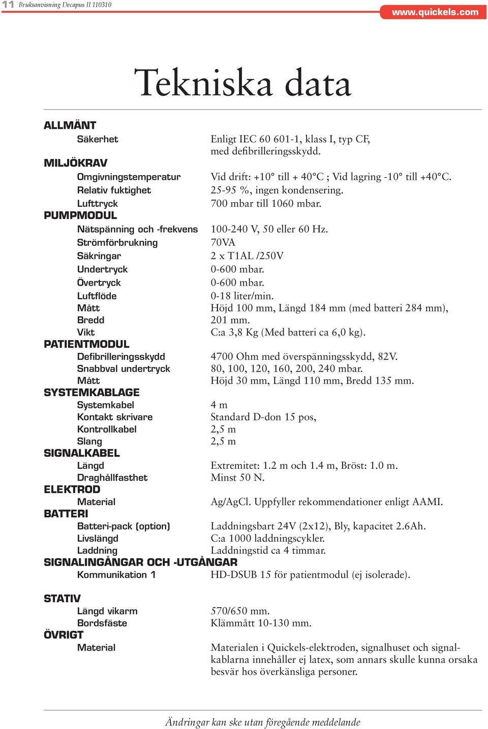 Strömförbrukning 70VA Säkringar 2 x T1AL /250V Undertryck 0-600 mbar. Övertryck 0-600 mbar. Luftflöde 0-18 liter/min. Mått Höjd 100 mm, Längd 184 mm (med batteri 284 mm), Bredd 201 mm.
