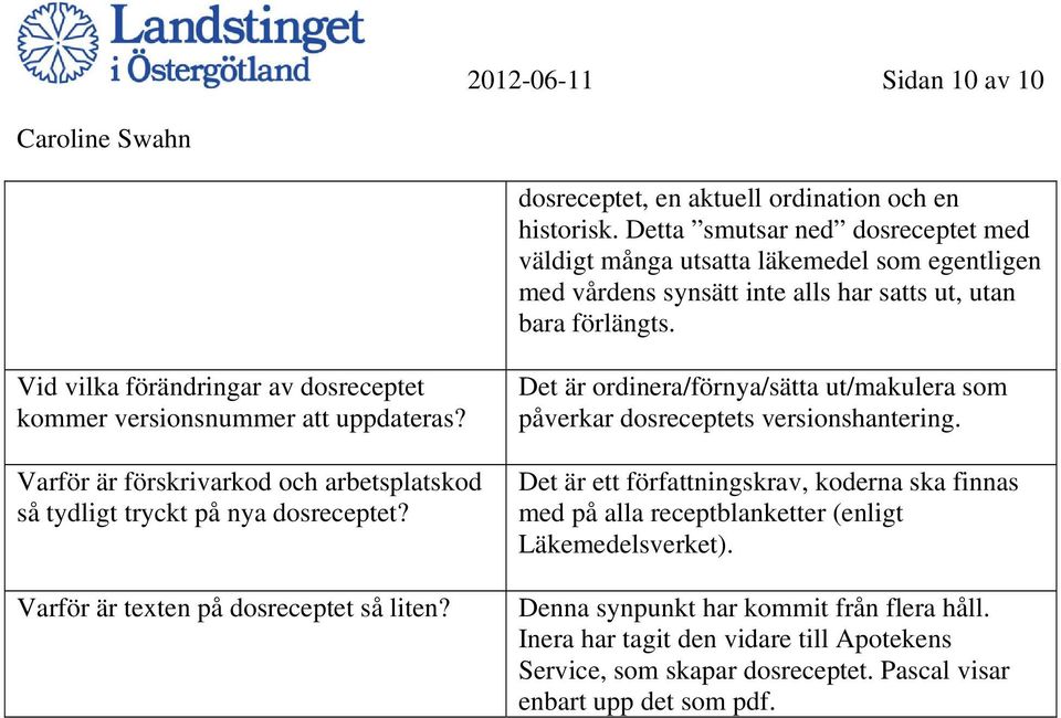 Vid vilka förändringar av dosreceptet kommer versionsnummer att uppdateras? Varför är förskrivarkod och arbetsplatskod så tydligt tryckt på nya dosreceptet?